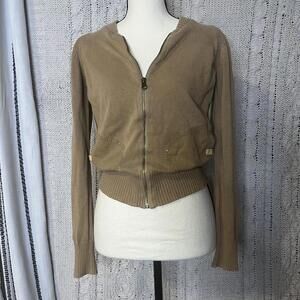 2000s Gap brown zip up sweater with stripes on side.